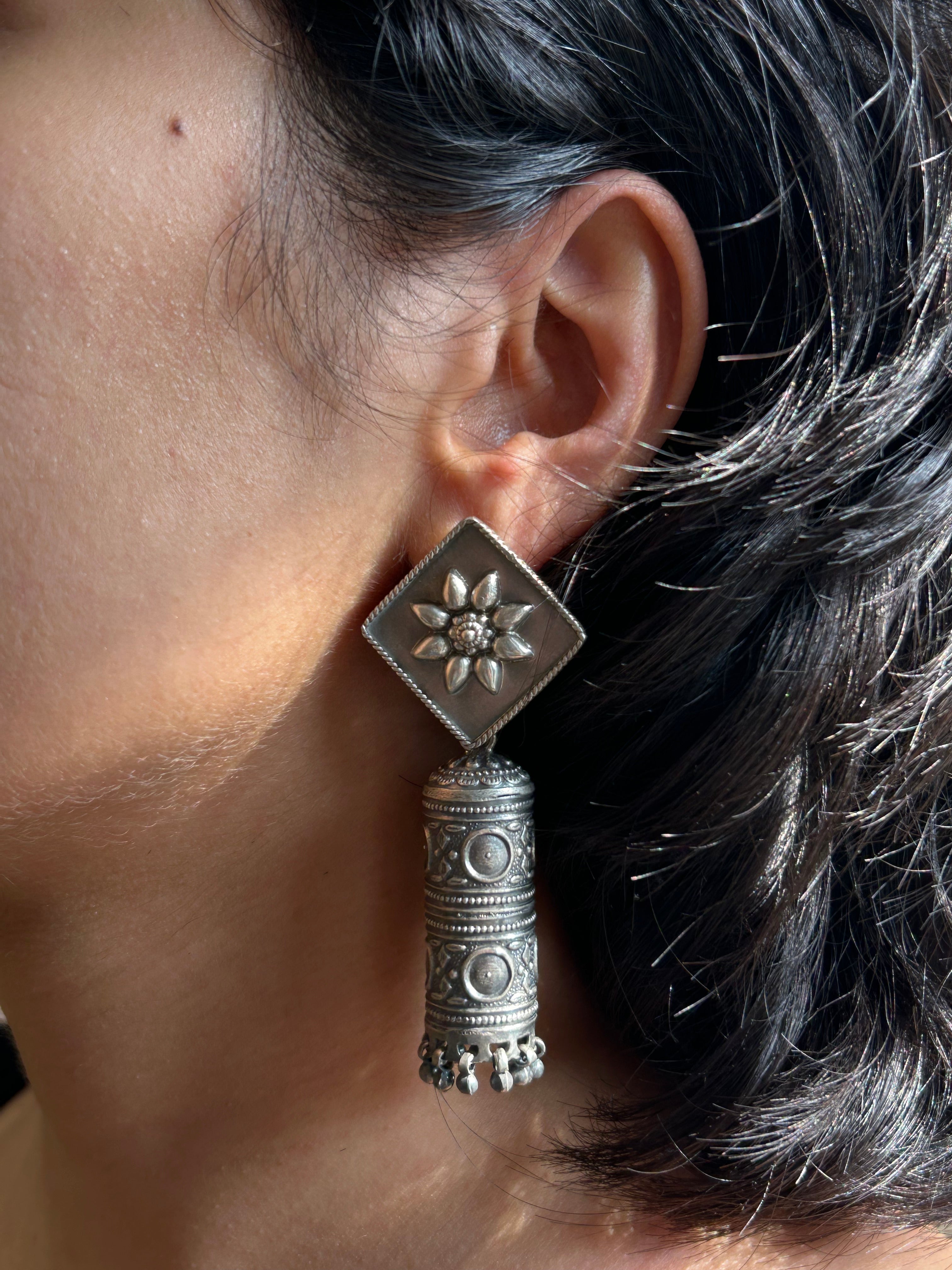 Heritage Bloom Oxidised Silver Jhumki